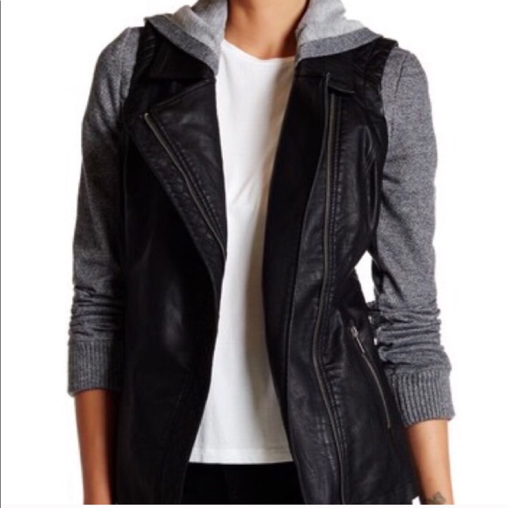 Faux Leather Moto Jacket with knit sleeves
